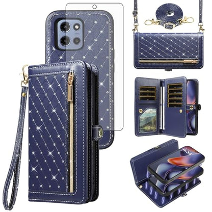 Phone Case for Motorola Moto G 5G 2025 Zipper Wallet Detachable Magnetic Cell Cover with Crossbody Lanyard Strap Bling Glitter Flip Credit Card Holder Slots G5G 5 G G5 Women Men Girls Dark Blue - color: Dark Blue