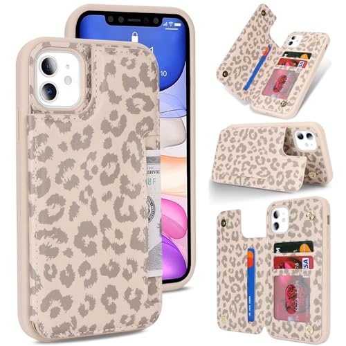 iCoverCase Compatible with iPhone 11 Case with Card Holder, Wallet Phone Case for Women Men RFID Blocking PU Leather Protective Case 6.1 Inch (Beige Leopard) - color: Beige Leopard