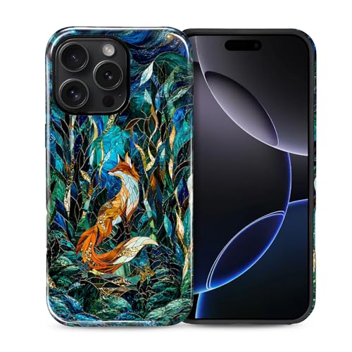 Case Compatible with iPhone 16 Pro Max, Cute Dual Layer Hybrid Phone Cover, Military Grade Drop Protection, Aesthetic Shockproof Phone Case for Women Girls, Woodland Fox Stained Glass - color: Woodland Fox Stained Glass, size: Iphone 16 Pro Max