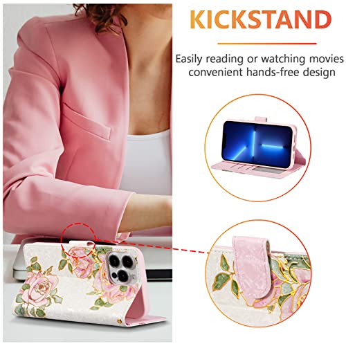 UEEBAI Wallet Case for iPhone 14 Pro, PU Leather Phone Cover Kickstand RFID Blocking Flip Case Card Slots Wrist Strap Relief Engraved Pattern Magnetic Closure Flower Folio Wallet, White Rose - color: White Rose, size: iPhone 14 Pro