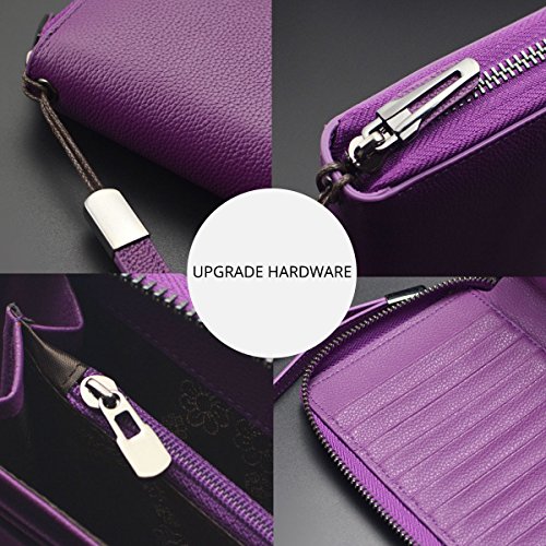 Bveyzi Women RFID Blocking Wallet Leather Zip Around Phone Clutch Large Capacity Ladies Travel Purse Wristlet - color: Purple