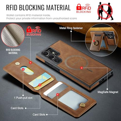 for Samsung Galaxy S26 Ultra 2 in 1 Detachable Card Bag Wallet Case Durable Leather Wallets Magnetic Card Holder 4 Card Slots Ring Stand RFID Blocking Brown - color: Brown, size: Samsung Galaxy S26 Ultra