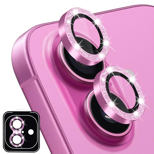 Designed for iPhone 16 and 16 Plus Camera Lens Protector, Bling Glitter Diamond Lens Cover 9H Tempered Glass Camera Cover Anti Scratch Shockproof Screen Protector - color: Pink Glitter