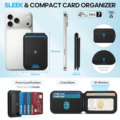 SHIELDON Genuine Leather Magnetic Wallet Stand for MagSafe, Pebbled Black | Strong Magnetic, 6 Card Holders, Kickstand, Rfid Blocking, Quick-access, ID Window, for iPhone 17/16/15/14/13/12 Series - color: Pebbled Black