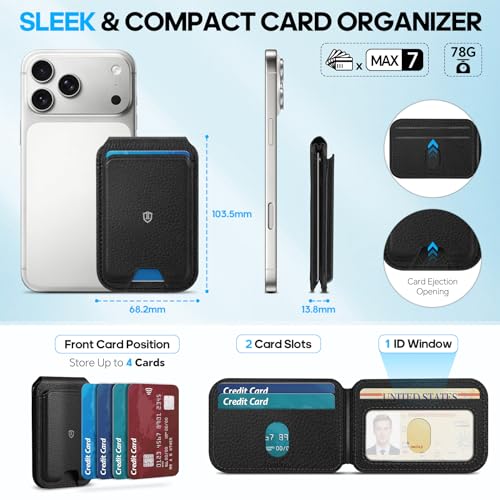 SHIELDON Genuine Leather Magnetic Wallet Stand for MagSafe, Pebbled Black | Strong Magnetic, 6 Card Holders, Kickstand, Rfid Blocking, Quick-access, ID Window, for iPhone 17/16/15/14/13/12 Series - color: Pebbled Black