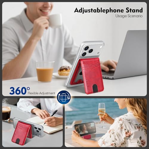 RFID Blocking MagSafe Wallet Stand with Card Holder,5 Card Slots & ID Window,PU Leather Magnetic Phone Adjustable Kickstand for iPhone 12/13/14/15/16/17 Pro Max & Air Plus Series,Red - color: Red, style: Stand Wallet