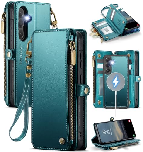 Defencase for Galaxy S25 Plus Case Wallet Compatible with Magsafe, Green | Magnetic Detachable, RFID Bolcking Card Holder, Zipper Strap, PU Leather Drop-Proof Phone Cover for Samsung Galaxy S25+/Plus - color: (Detachable with Magsafe)-Blue Green