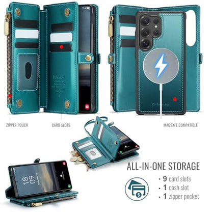 Defencase for Galaxy S24 Ultra Case Wallet Compatible with Magsafe, Green | Magnetic Detachable, RFID Bolcking Card Holder, Zipper Strap, PU Leather Drop-Proof Phone Cover for Samsung Galaxy S24 Ultra - color: (Detachable with Magsafe)-Blue Green