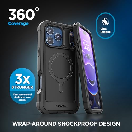 Encased Rugged Case for iPhone 17 Pro Max with Belt Clip and Built-in Screen Protector (Falcon Series) Full-Body Cover with Phone Holster, Compatible with MagSafe (Black) - size: iPhone 17 Pro Max