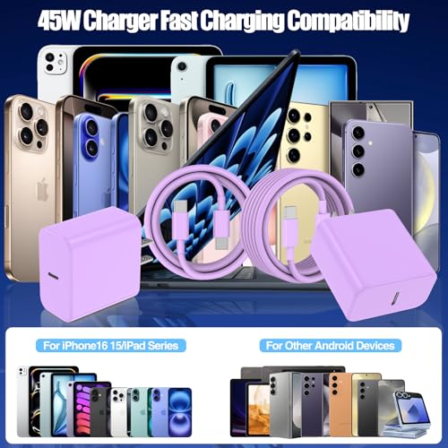 45W USB C Fast Charger for iPhone 17/ Air/16/15 Pro Max - color: Purple, size: 2Pack-10FT-iPhone15-17