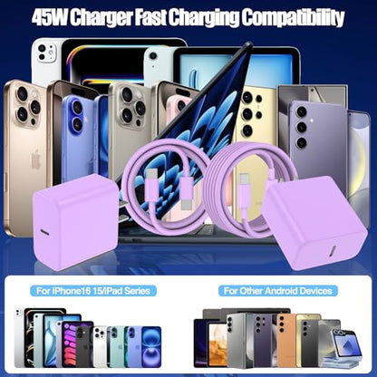 45W USB C Fast Charger for iPhone 17/ Air/16/15 Pro Max - color: Purple, size: 2Pack-10FT-iPhone15-17