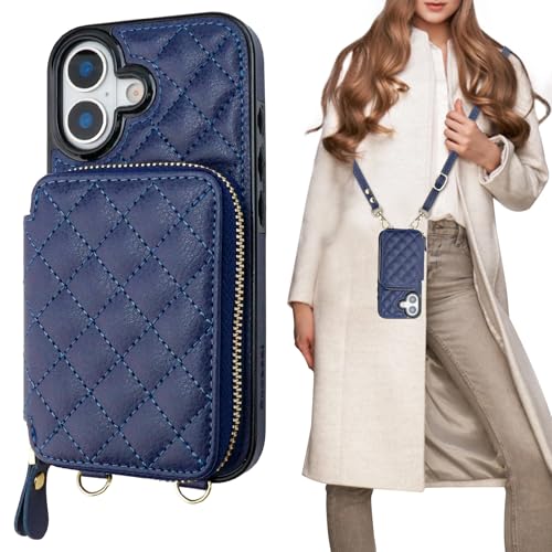Bocasal Crossbody Wallet Case Card Holder for iPhone 17, Dark Blue | RFID Blocking PU Leather Zipper Handbag Purse, Kickstand Flip Folio Case with Card Slots Holder Wrist Strap Lanyard 6.3 Inch - color: Dark Blue