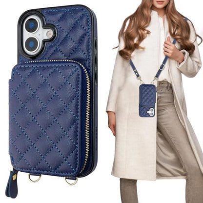 Bocasal Crossbody Wallet Case Card Holder for iPhone 17, Dark Blue | RFID Blocking PU Leather Zipper Handbag Purse, Kickstand Flip Folio Case with Card Slots Holder Wrist Strap Lanyard 6.3 Inch - color: Dark Blue