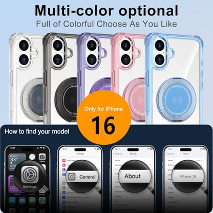Clear Case for iPhone 16 with Magnetic 360 Rotatable Ring Stand | Military Grade Heavy Duty Cover with 360 Rotatable Ring Kickstand -260417 - color: Clear, size: iPhone 16