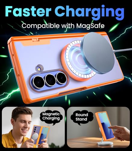 Magnetic Phone Case for Samsung Galaxy Z Fold 7, Fit for MagSafe | Full-body Case with 2 Pack Front Frame,Built-in Glass Screen Protector【Privacy & HD Clear】Shockproof Hinge Protective,Orange