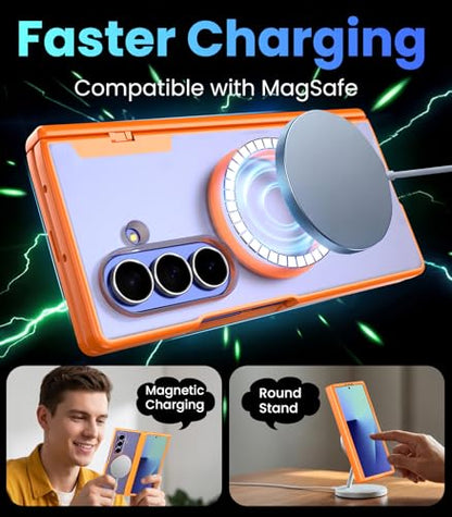 Magnetic Phone Case for Samsung Galaxy Z Fold 7, Fit for MagSafe | Full-body Case with 2 Pack Front Frame,Built-in Glass Screen Protector【Privacy & HD Clear】Shockproof Hinge Protective,Orange