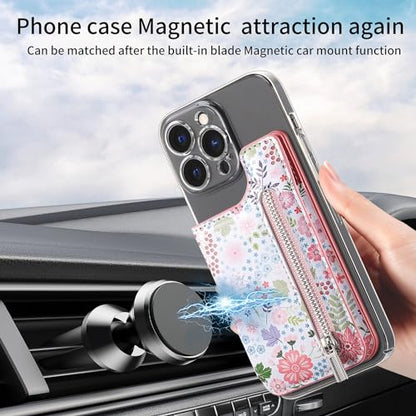 Stick on Wallet for Phone Case, Credit Adhesive Card Holder for Back of Phone Cases Flip Leather Zipper Flower Wallet Sleeve Compatible with iPhone, Samsung Galaxy Most Smartphones Pink - color: Flower Pink