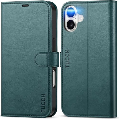 TUCCH Case Wallet for iPhone 16 (6.1") 2024, RFID Blocking Folio, Teal Blue | 4 Card Holders, Kickstand, PU Leather, Magnetic Closure, Shockproof TPU Shell, Protective Flip Cover - color: Textured Teal Blue