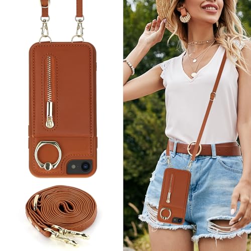 Crossbody Wallet Case for iPhone 7/8/SE 2020/SE 2022, with Card Slots Zipper Pocket Case, Flip Folio Purse RFID Blocking with Ring Kickstand Detachable Strap-Brown - color: Brown, size: iPhone 7/8/SE 2020/SE 2022 (4.7")