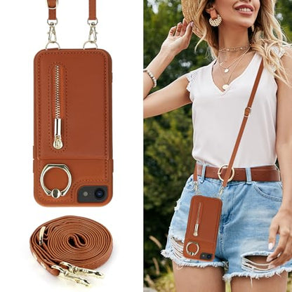 Crossbody Wallet Case for iPhone 7/8/SE 2020/SE 2022, with Card Slots Zipper Pocket Case, Flip Folio Purse RFID Blocking with Ring Kickstand Detachable Strap-Brown - color: Brown, size: iPhone 7/8/SE 2020/SE 2022 (4.7")