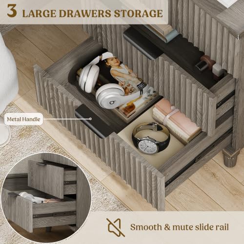 Lulive Wood Bedside Table w/Charging Station, 3 Drawers Fluted Dresser - color: Dark Grey, size: 3 Drawers-Set of 1 Nightstand