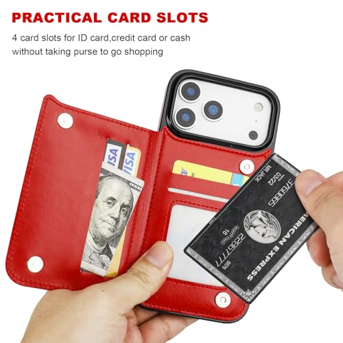 ONETOP for iPhone 17 Pro Max Wallet Case with Credit Card Holder,Red | Kickstand,ID/Cash Holder,Case Wallet with Card Slots,Double Magnetic Clasp,Durable PU Leather Shockproof Cover for Women Men - color: Red