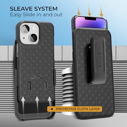 MOTIVE for iPhone 14 Case with Belt Clip, Rigid, Kickstand | 6.1" | Ranger v1 Series, Black, 360° holster, open-top/open-bottom port access, textured grip, slim - size: iPhone 14