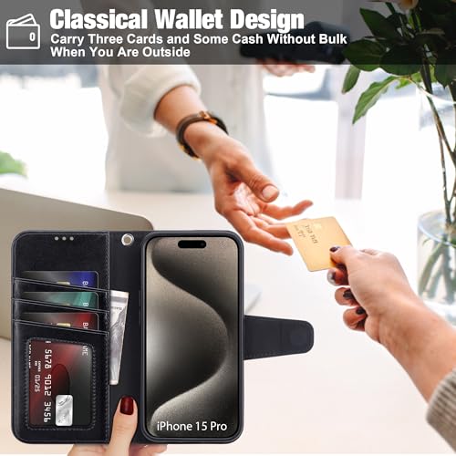 Arae Compatible with iPhone 15 Pro Case with Card Holder and Wrist Strap Wallet Flip Cover for iPhone 15 Pro 6.1 inch,Black - color: Black, size: iPhone 15 Pro 6.1 inch