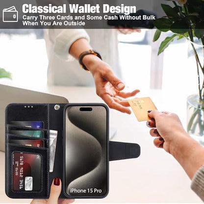 Arae Compatible with iPhone 15 Pro Case with Card Holder and Wrist Strap Wallet Flip Cover for iPhone 15 Pro 6.1 inch,Black - color: Black, size: iPhone 15 Pro 6.1 inch
