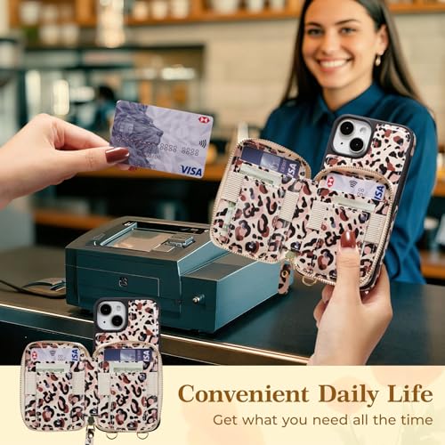 ZCDAYE Zipper Crossbody Wallet Case for iPhone 15, Leopard Print | Flip Folio PU Leather, Practical Card Holder, Adjustable Lanyard Strap, RFID Blocking, Retro Leopard Girly Phone Case - color: Leopard print, size: iPhone 15