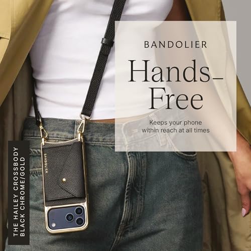 Bandolier Hailey Chrome Leather Crossbody Case iPhone 17 Pro Max - Black/G | Crossbody leather phone case. Built-in wallet w/ snap-closure. Adjustable & removable leather strap. Phone drop protection. - color: Black/Gold Chrome, size: iPhone 17 Pro Max