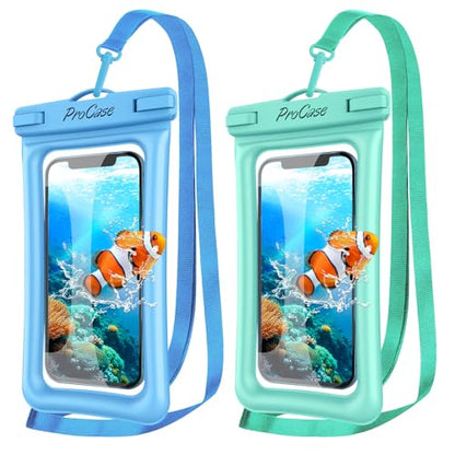 ProCase 2 Pack Floating Waterproof Phone Pouch, IPX8 Dry Bag for 7" Phones | Fits iPhone 17/16/15/14, Galaxy S24/S23 & Pixel 8/7. Touchscreen Waterproof Pouch for Swimming, Diving & Snow -Bluegreen - color: Blue/Green