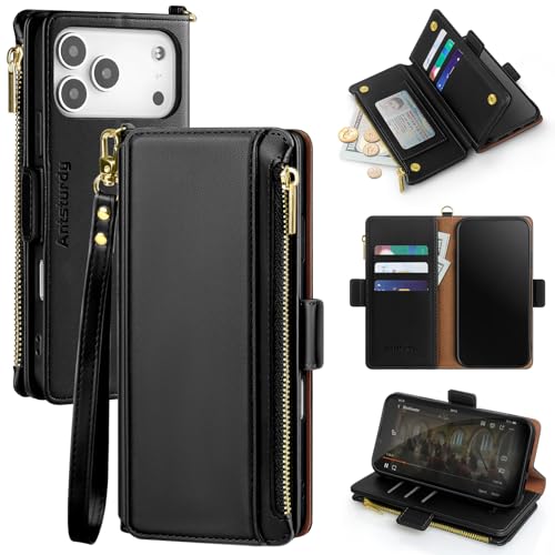 Antsturdy for iPhone 17 Pro Phone Wallet Case Women,Black | RFID Blocking,with Credit Card Holder Slots,PU Leather Purse,Zipper Pocket,Wrist Strap Kickstand,Flip Folio Cover for Men - color: Black