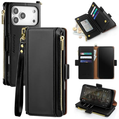 Antsturdy for iPhone 17 Pro Phone Wallet Case Women,Black | RFID Blocking,with Credit Card Holder Slots,PU Leather Purse,Zipper Pocket,Wrist Strap Kickstand,Flip Folio Cover for Men - color: Black
