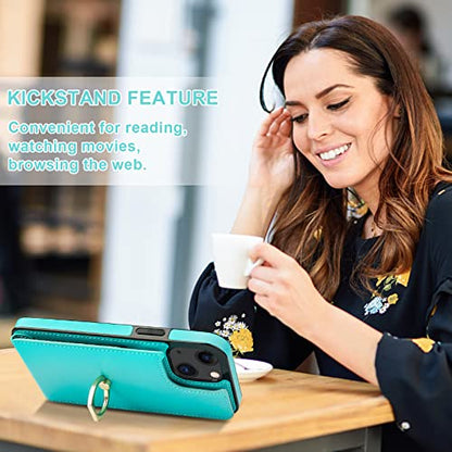 Folosu Compatible with iPhone 14 Case Wallet with Card Holder, 360°Rotation Finger Ring Holder Kickstand, RFID Blocking Leather Protective Double Buttons Shockproof Cover 6.1 Inch Green - color: Mint Green, size: iPhone 14