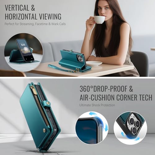 Defencase for iPhone 16 Pro Max Case Wallet Compatible with Magsafe, Green | Drop-Proof Magnetic Detachable Phone Cases Cover, with RFID Bolcking Card Holder, Zipper Strap, PU Leather, Removable Wallet - color: (Detachable with Magsafe)-Blue Green
