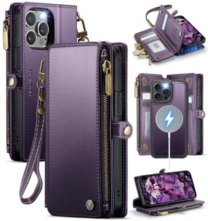 Defencase for iPhone 14 Pro Max Case Wallet Compatible with Magsafe, Purple | Drop-Proof Magnetic Detachable Phone Cases Cover, with RFID Bolcking Card Holder, Zipper Strap, PU Leather, Removable Wallet - color: (Detachable with Magsafe)-Purple