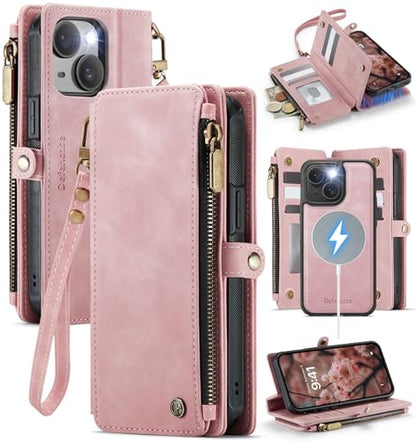 Defencase for iPhone 14 Plus Case Wallet Compatible with Magsafe, Rose Pink | Drop-Proof Magnetic Detachable Phone Cases Cover, with RFID Bolcking Card Holder, Zipper Strap, PU Leather, Removable Wallet - color: (Detachable with Magsafe)-Pink