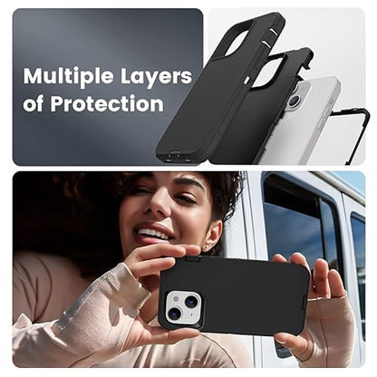 Compatible with iPhone 15/14/13 Phone Case, Dual Layer Shockproof Full Body Cover Military Grade Drop Protection Heavy Duty Phone Case for Women & Men (Black) - color: Black
