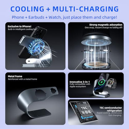 3 in 1 Wireless Charging Station with Cooling for iPhone, Watch & AirPods - color: Gray