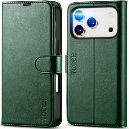 TUCCH Wallet Case for iPhone 17 Pro (6.3") 2025, 4 Card Holders, Evergreen | RFID Blocking, Viewing Stand, Shockproof TPU Shell, PU Leather, Magnetic Closure, Protective Folio Flip Cover - color: Evergreen