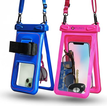 AQUAVAULT Floating Waterproof Phone Pouch, IPX8 Underwater, Large, 2 Pack | Underwater Phone Pouch with Dual Compartment for Phone & Valuables, Armband + Lanyard, Fits iPhone 17/16/15 Pro Max, S26/S25 - color: Blue and Pink