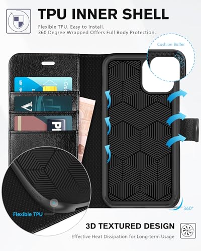 TUCCH Wallet Case for iPhone 11 (6.1") 2019, 3 Card Holders, Textured Black | RFID Blocking, Viewing Stand, Shockproof TPU Shell, PU Leather, Magnetic Closure, Protective Folio Flip Cover - color: Black - Textured