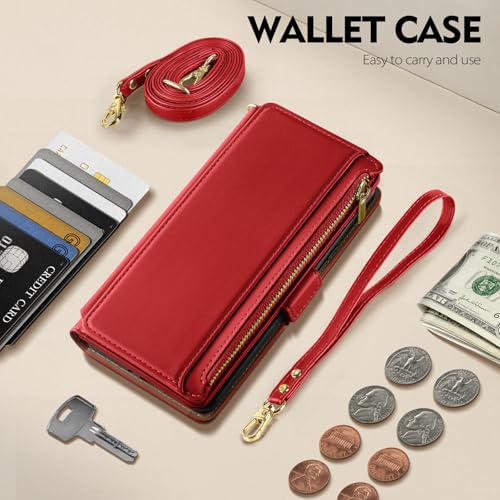 Antsturdy for iPhone 16 Pro Max Phone Wallet Case Women,Red | RFID Blocking,with Credit Card Holder Slots,PU Leather Purse,Zipper Pocket,Wrist Strap Kickstand,Flip Folio Cover for Men - color: Red