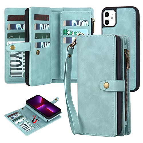 TwoHead for iPhone 11 Wallet case with 11 Card Holder (Blue) | Detachable Magnetic Phone Case, PU Leather Wallet for Women/Men,Wireless Charging Compatible,with Wrist Strap - color: Blue