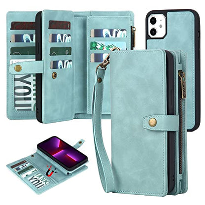 TwoHead for iPhone 11 Wallet case with 11 Card Holder (Blue) | Detachable Magnetic Phone Case, PU Leather Wallet for Women/Men,Wireless Charging Compatible,with Wrist Strap - color: Blue