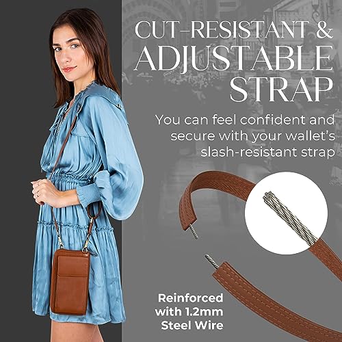 BULL GUARD Crossbody Bag for Women, Leather Phone Wallet Purse with Adjustable Anti Theft Strap & RFID Blocking 12 Card Slots - color: Rich Mocha Brown - Small