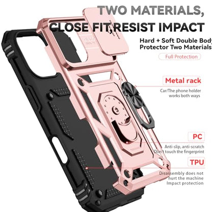 for iPhone 17 Case, with Slide Camera Cover HD Screen Protector [Military Grade 16ft. Drop Tested] Ring Holder Kickstand Protective Phone Case for Apple iPhone 17, Rose Gold - color: Rose Gold w/ Slide Camera 2nd gen. Military Grade