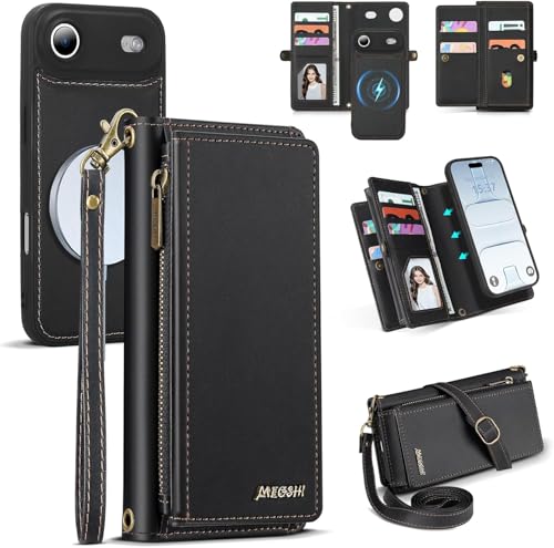 for iPhone 17 Air Wallet Case, Detachable Magnetic Phone Case,Faux Leather Strap Wallet,with RFID Blocking，Zipper Card Holder，Shoulder Straps (Black) - color: Black, size: iPhone 17 Air