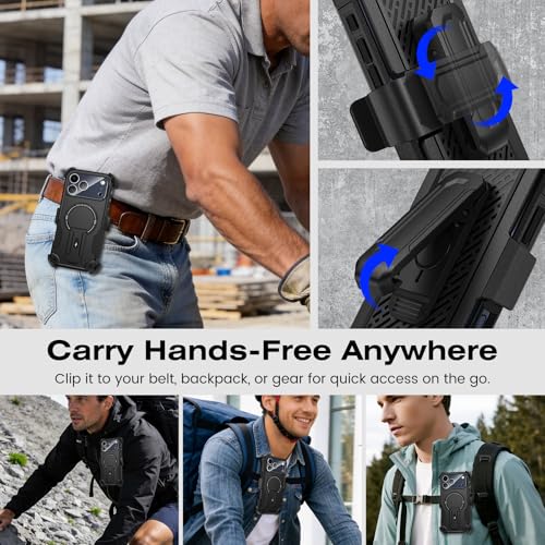Caka 4-in-1 for iPhone 17 Pro Max Case with Belt Clip Holster and Stand | HD Glass Screen & Camera Lens Protector, Compatible with MagSafe, Hidden Kickstand, Rugged Heavy Duty Shockproof Phone Cover - color: Black